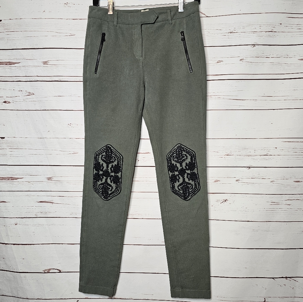 True Royal Olive Green Jeans with Black Embroidery Knee Patches